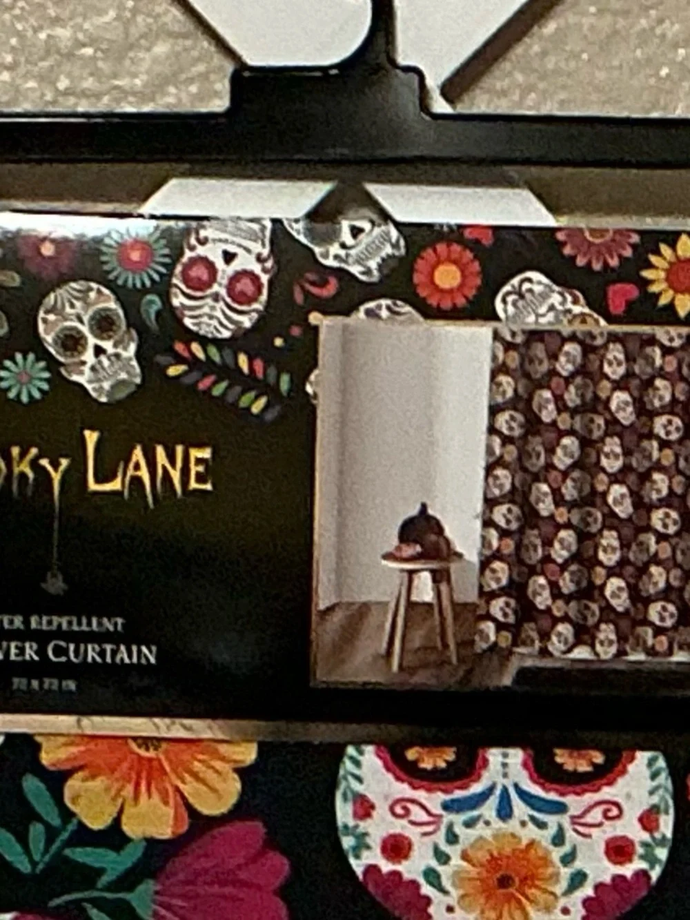 Spooky Lane Sugar Skull Floral Shower Curtain - Black with Multicolor Skulls